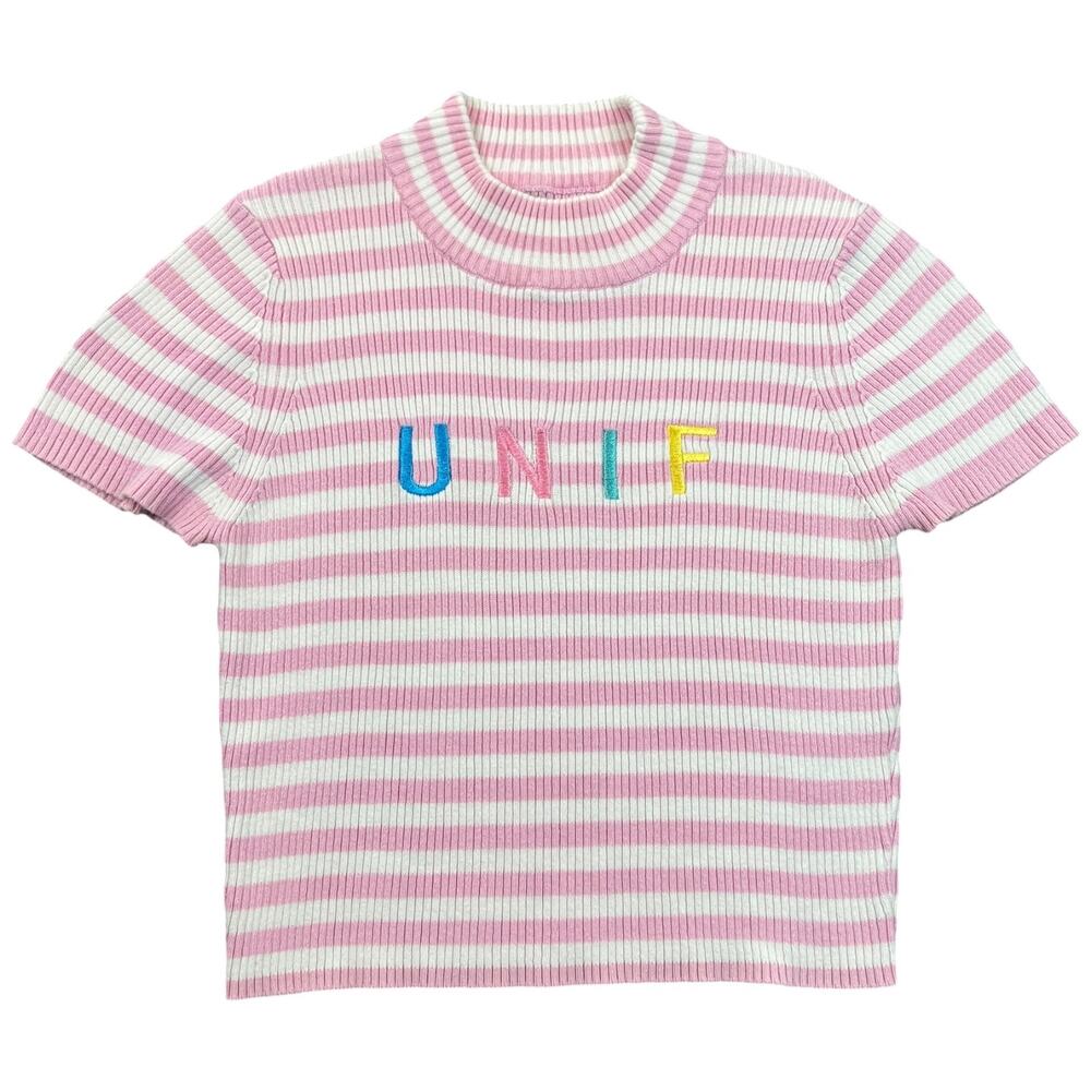UNIF Pink White Striped Ribbed Knit Crop Top Embroidered Logo - M